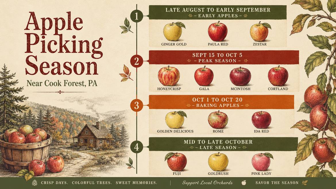 Apple Picking Near Cook Forest, Pa: A Local'S 2026 Guide 10 Apple Picking Season Timeline Near Cook Forest, Pennsylvania Showing Early Apples, Peak Season, Baking Apples, And Late Season Windows
