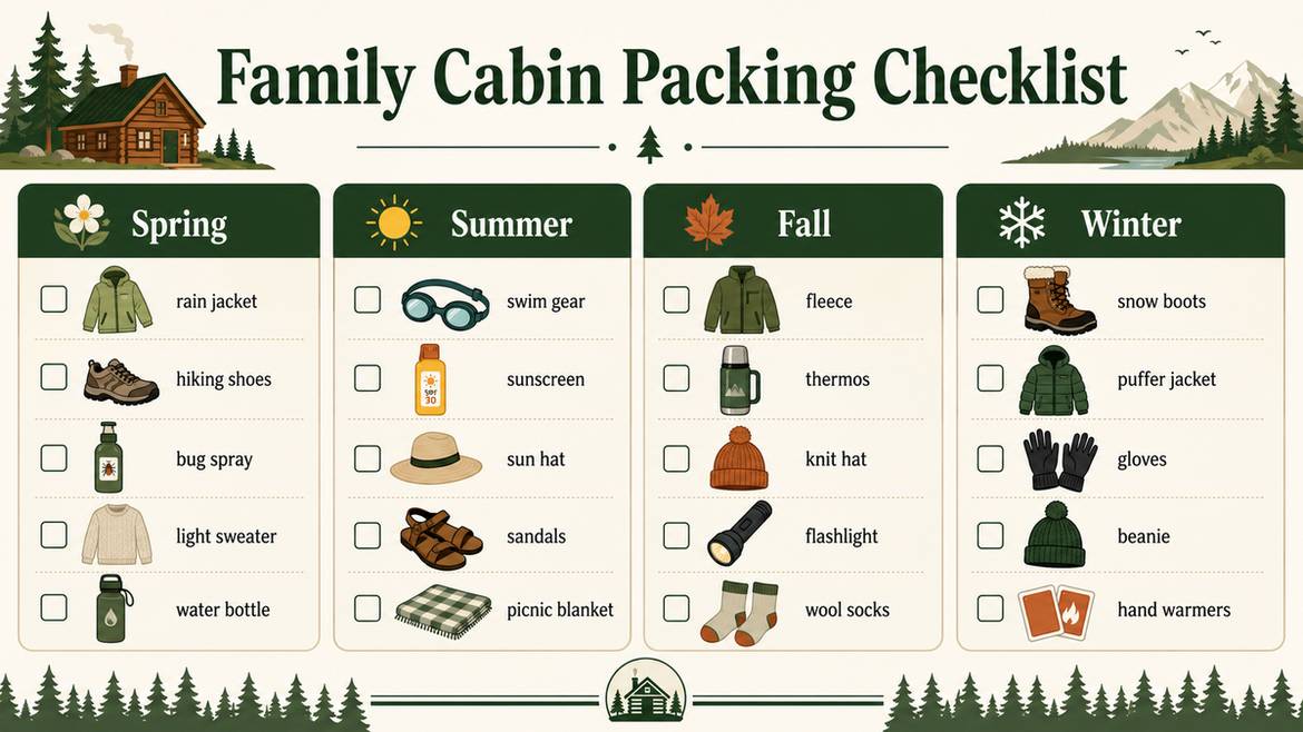 Seasonal Cabin Packing Checklist For Cook Forest Pennsylvania (Spring, Summer, Fall, Winter)