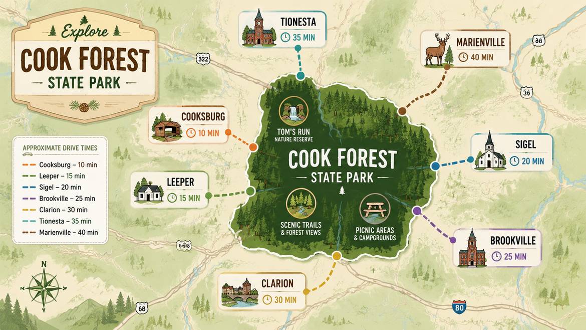 Illustrated Map Of Small Towns Around Cook Forest State Park Pennsylvania With Drive Times