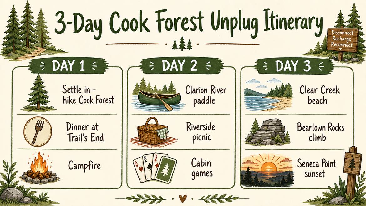 The Best Summer Trip For Families Who Want To Unplug 12 3-Day Cook Forest Unplug Itinerary Infographic Showing Daily Activities For Families