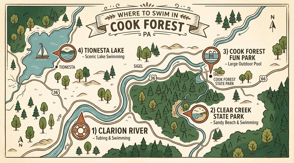 Where To Swim In Cook Forest, Pa: A Local'S Guide 2 Overview Map Of The Top Swimming Spots Near Cook Forest, Pennsylvania