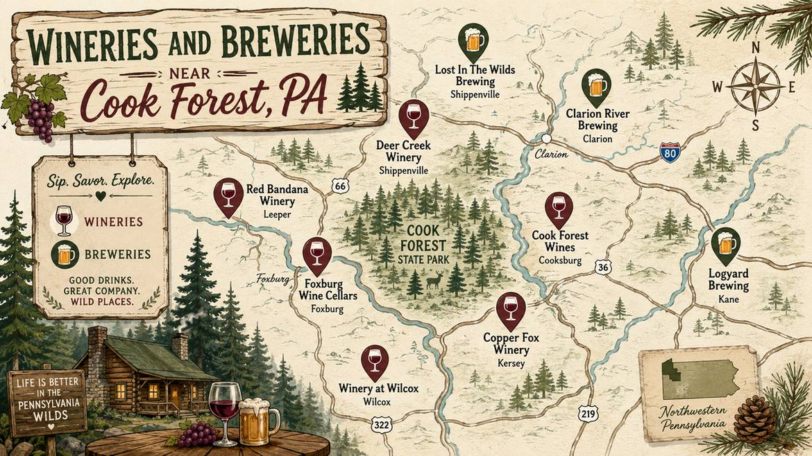 Wineries And Breweries Near Cook Forest Pa 2 Map-Style Infographic Of Wineries And Breweries Near Cook Forest, Pa, Showing Locations In Cooksburg, Clarion, Shippenville, Leeper, Foxburg, Wilcox, Kane And Kersey