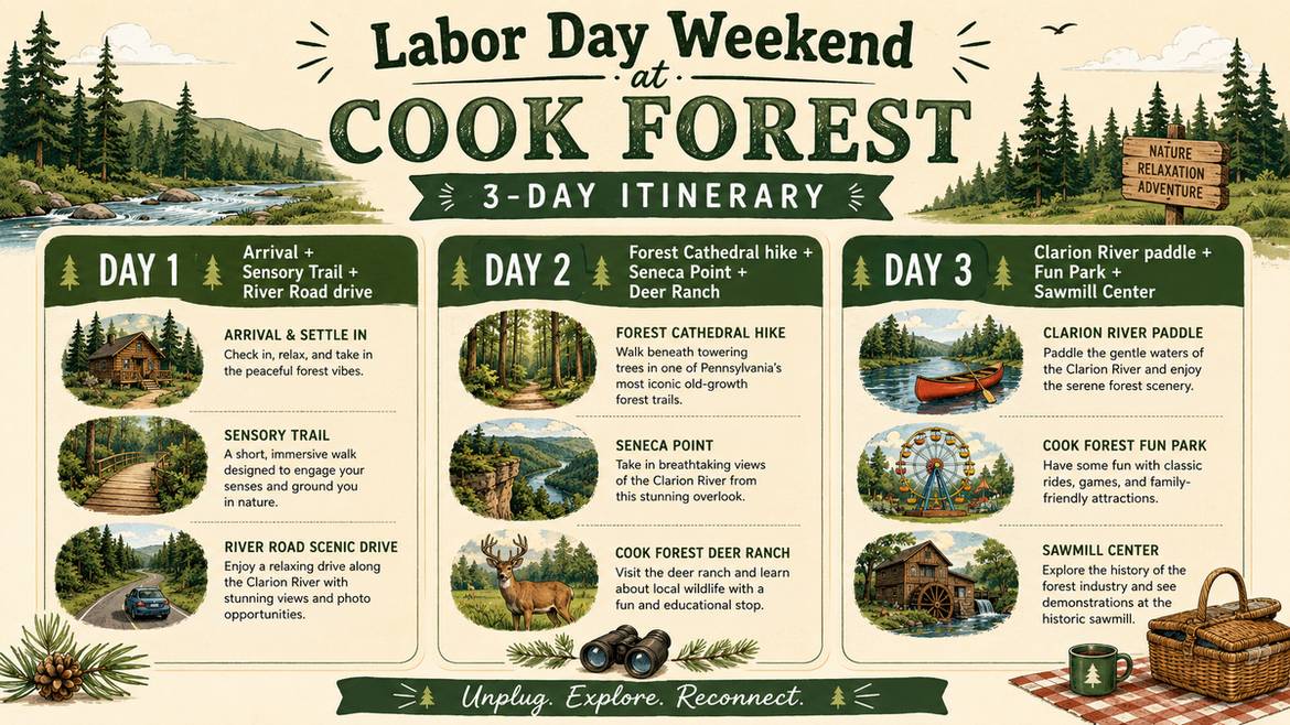Labor Day In Cook Forest: A Local'S 2026 Guide 10 Labor Day Weekend At Cook Forest 3-Day Itinerary Infographic Showing Hikes, River Time, And Family Stops
