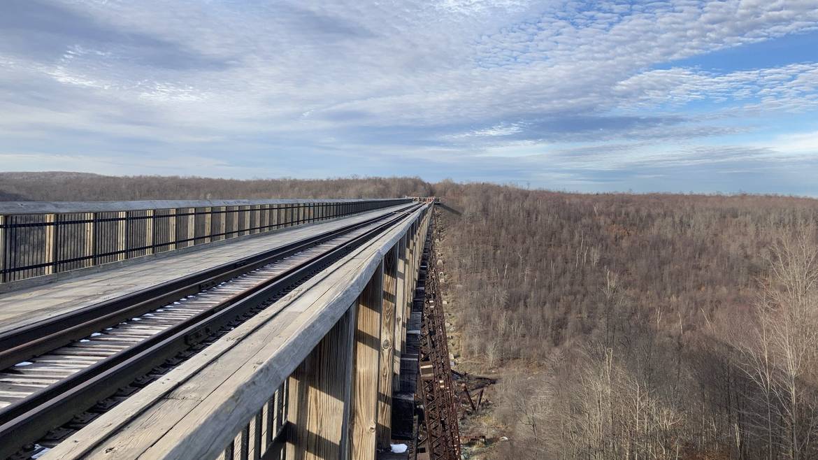 The Kinzua Bridge Sky Walk Stretching Over The Valley In Late Fall